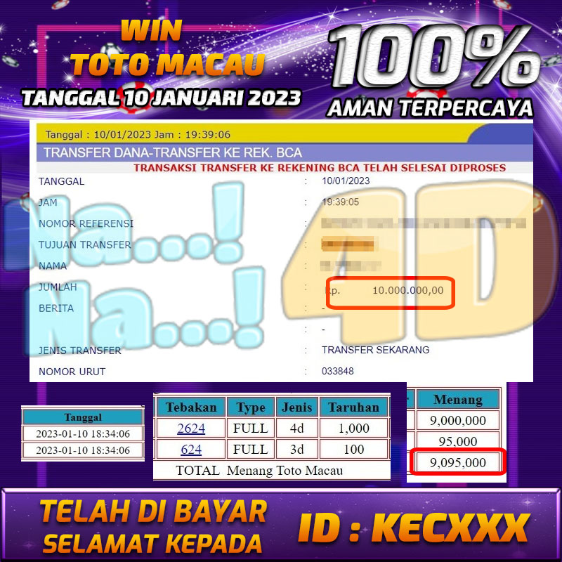 Bukti Pembayaran Togel prize 123 hadiah terbesar Nana4d Tanggal 10 Januari 2023