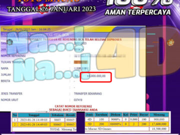 Bukti Pembayaran Togel hadiah terbesar Nana4d Tanggal 26 Januari 2023