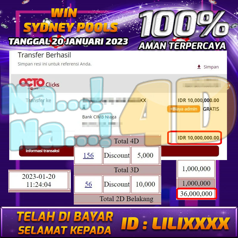 Bukti Pembayaran Togel hadiah terbesar Nana4d Tanggal 20 Januari 2023