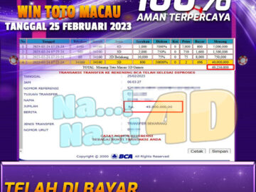 Bukti Pembayaran Togel hadiah terbesar Nana4d Tanggal 25 Februari 2023