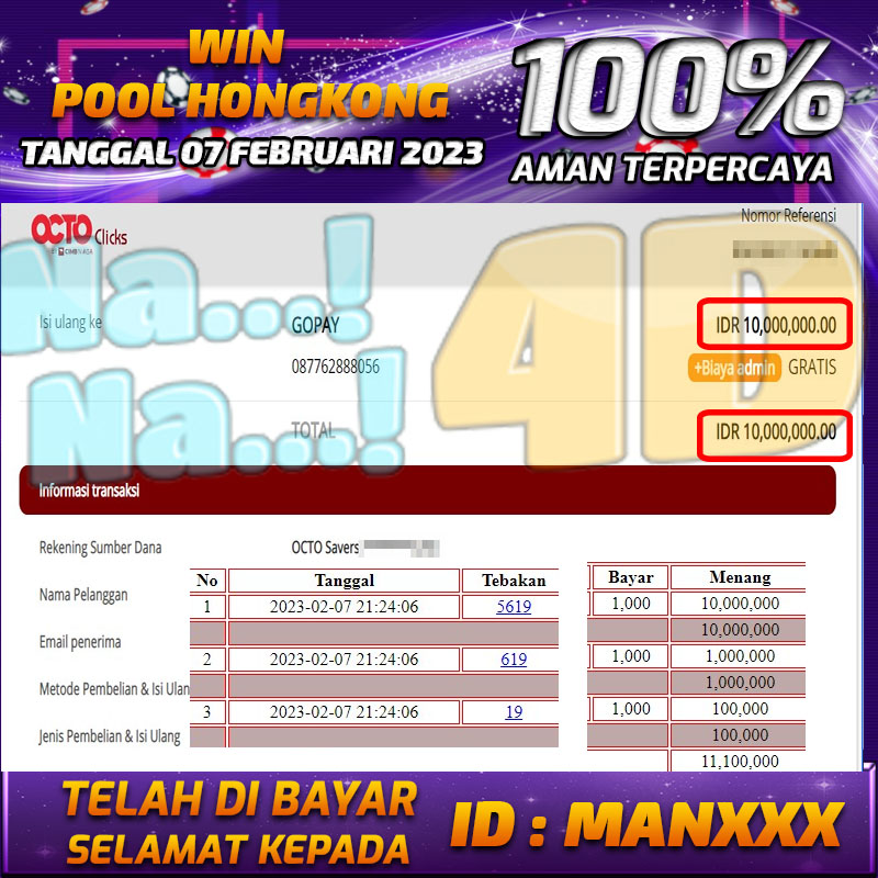 Bukti Pembayaran Togel hadiah terbesar Nana4d Tanggal 07 Februari 2023