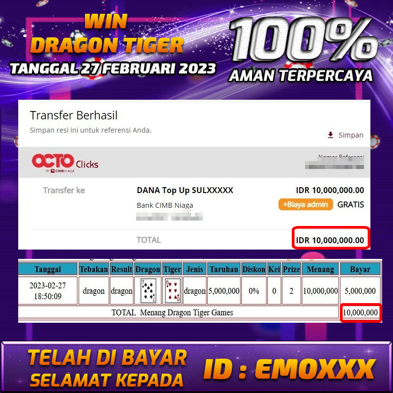 Bukti Pembayaran games hadiah terbesar Nana4d Tanggal 27 Februari 2023