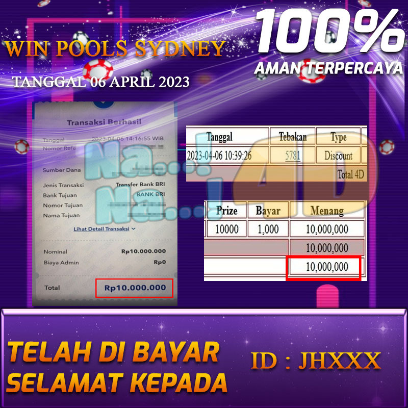 Bukti Pembayaran togel hadiah terbesar Nana4d Tanggal 06 APRIL 2023