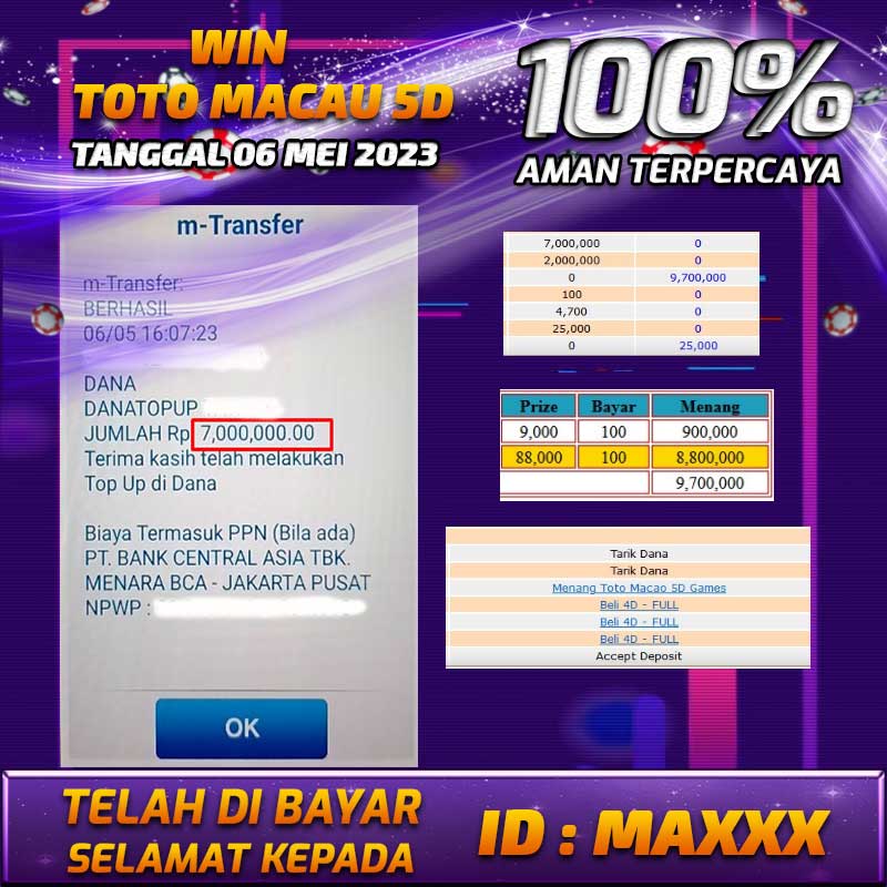 Bukti Pembayaran games hadiah terbesar Nana4d Tanggal 06 mei 2023