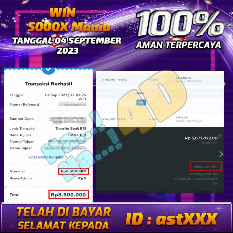 Bukti Pembayaran games hadiah terbesar Nana4d Tanggal 04 september 2023