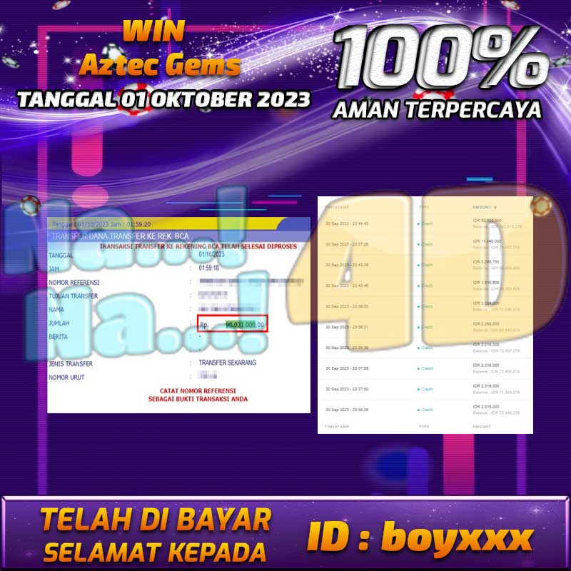 Bukti Pembayaran games hadiah terbesar Nana4d Tanggal 01 oktober 2023