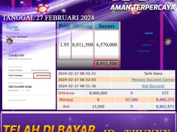 Bukti Pembayaran hadiah games terbesar Tanggal 27 FEBRUARI 2024