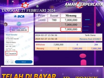 Bukti Pembayaran hadiah Togel terbesar Tanggal 27 FEBRUARI 2024