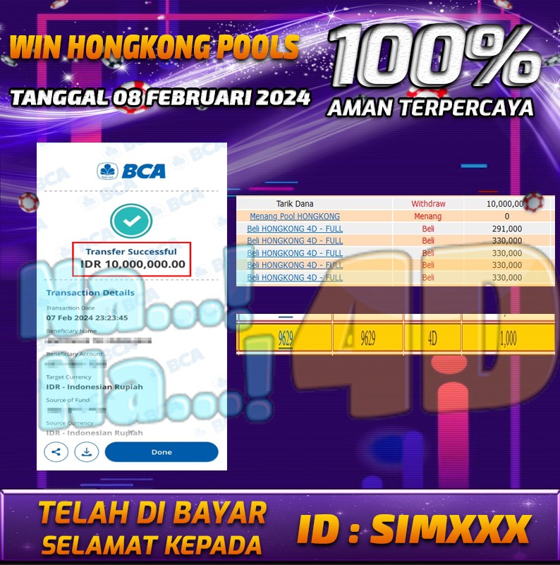 Bukti Pembayaran hadiah Togel terbesar Tanggal 09 Februari 2024