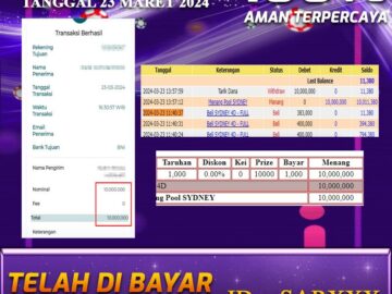 Bukti Pembayaran NONO4D hadiah Togel terbesar Tanggal 23 maret 2024