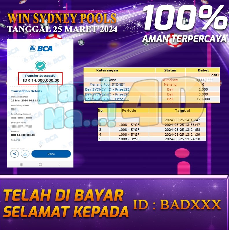 Bukti Pembayaran NANA4D hadiah Togel terbesar Tanggal 25 maret 2024