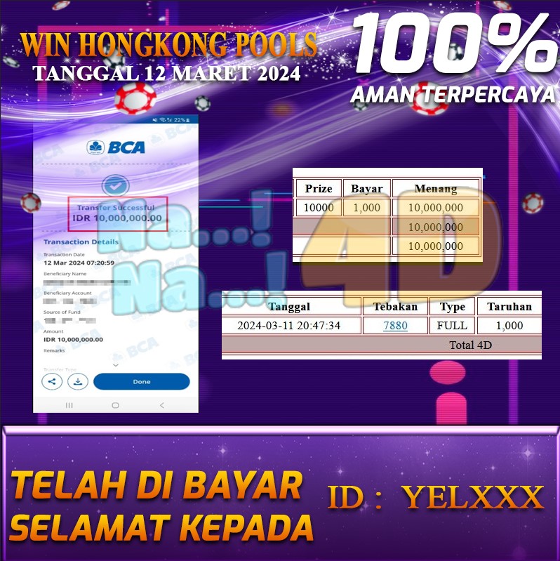 Bukti Pembayaran NANA4D hadiah Togel terbesar Tanggal 11 maret 2024