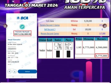 Bukti Pembayaran hadiah games terbesar Nono4d Tanggal 03 Maret 2024