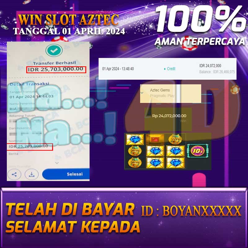 Bukti Pembayaran NANA4D hadiah Games terbesar Tanggal 01 APRIL 2024