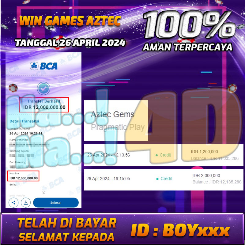 Bukti Pembayaran NANA4D hadiah Games 26 APRIL 2024