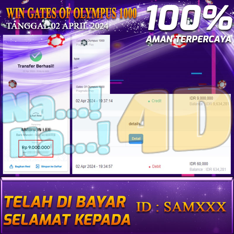 Bukti Pembayaran NANA4D hadiah Games terbesar Tanggal 02 APRIL 2024