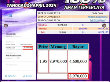 Bukti Pembayaran NONO4D hadiah Games 26 APRIL 2024