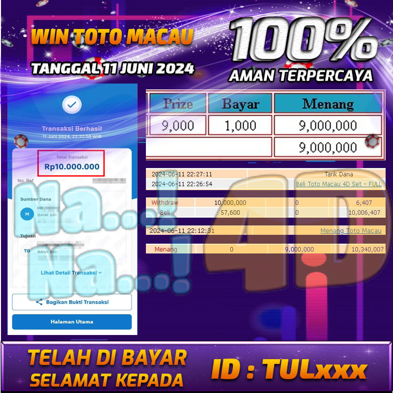 Bukti Pembayaran NANA4D hadiah Togel 11 Juni 2024