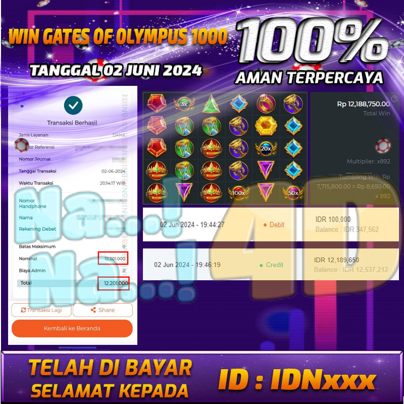 Bukti Pembayaran NANA4D hadiah Games 02 Juni 2024