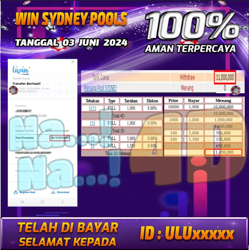 Bukti Pembayaran NANA4D hadiah Togel 03 Juni 2024